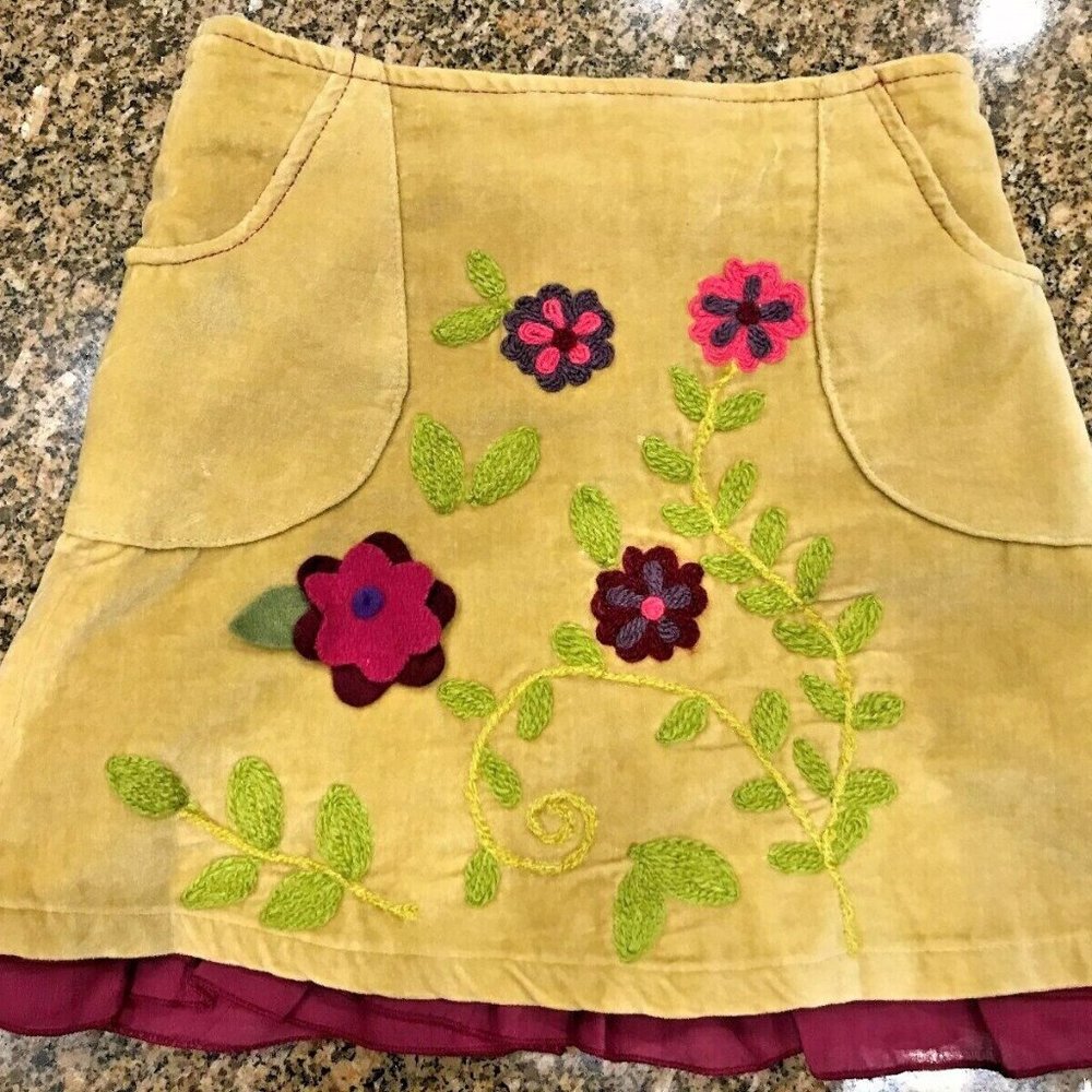 Meli Meli Girls Yellow Wool Skirt Felt  Embroidery Flowers Skirt  Elastic waist